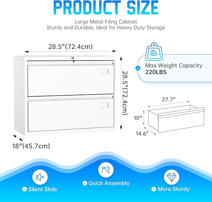 Greenvelly 2 Drawer File Cabinet, White Lateral File Cabinet with Lock, Filing Cabinet for Home Office, Lockable File Cabinets for Legal/Letter/A4/F4 Size with Hanging Files&Key
