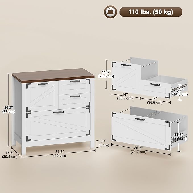 HOMCOM 4 Drawer File Cabinet, Farmhouse Lateral Filing Cabinet with Adjustable Hanging Rails for Letter/A4/Legal Size Files, Printer Stand for Home Office, White