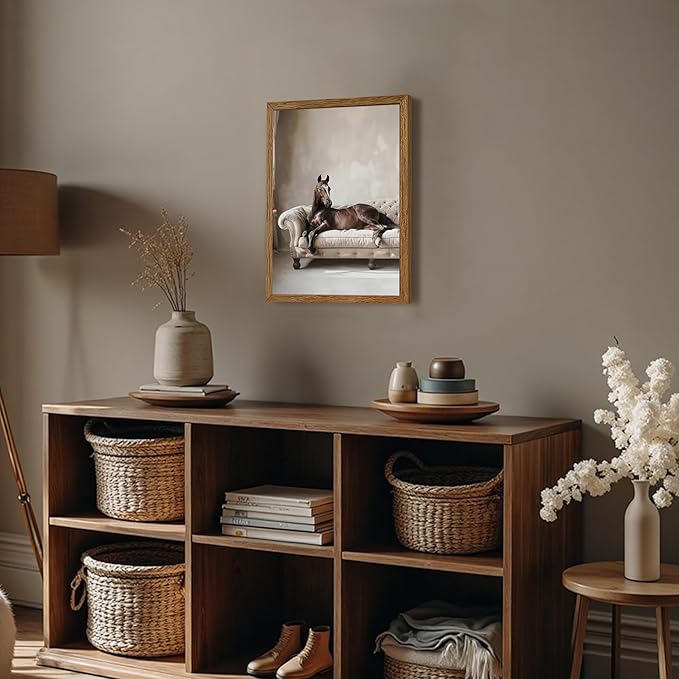 AVECCO Framed Funny Elegant Vintage Canvas Horse Wall Art, Western Brown Horse on Sofa Pictures Wall Decor, Unique Animal Art Prints for Bathroom Bedroom Living Room Office Home Decoration 12x16 Inch