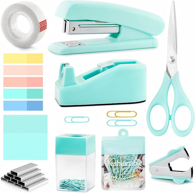 Teal Office Supplies, Teal Office Supplies and Accessories for Kids, Mint Green Stapler and Tape Dispenser Set for Women, Green Office Desk Accessories, Office Gift for Women, Office Lady, Coworkers
