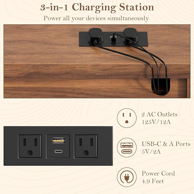 Lateral File Cabinet 2 Drawer File Cabinet with Charging Station for Legal/Letter/A4 Size Hanging Files, Large Modern Fluted File Storage Cabinets Printer Stand for Home Office, Walnut