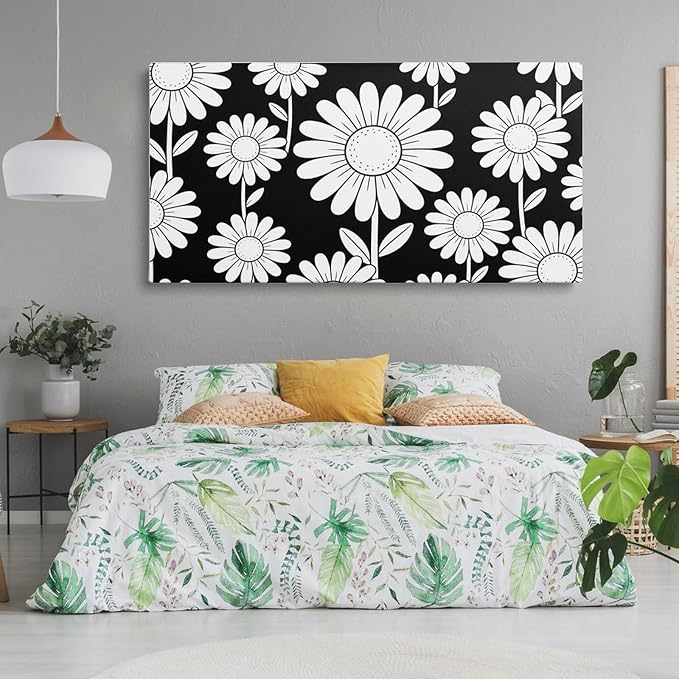 Black White Daisy Floral Framed Canvas Wall Art for Bathroom, Botanical Decor 48" L x 24" W