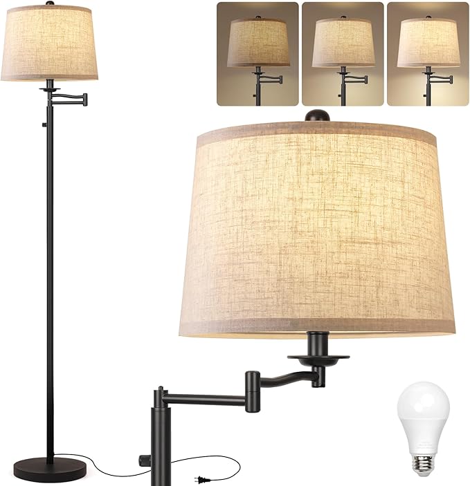 Dimmer LED Floor Lamp,Tall Standing Lamp with Swing Arm,Black Lamp with Dimmer LED Bulb,Elegant Floor Lamp for Living Rooms & Bedroom (Black)