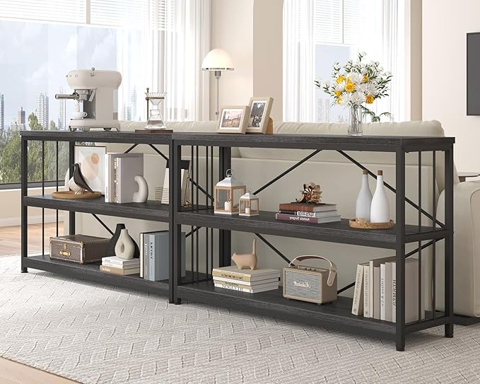 IBF Short Wide Horizontal Bookshelf, Industrial office Low 3 Tier Book shelf, Rustic Wide Vintage open Bookcase with Storage, Modern Grey Etagere for Home Office Living Room Bedroom, Gray Oak, 47 Inch