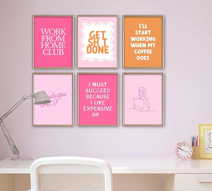 Motivational Wall Art for Women - 6 Pcs Set Pink Aesthetic 12"x16" Poster Prints - Home Office Inspirational Wall Decor Pictures - Positive Mindset Affirmations Quotes Artwork for Bedroom(unframed)