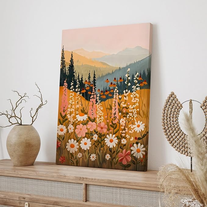 Hianan Boho Daisy Sunset Wall Art, Colorful Mountain Wildflower Wall Decor, Vintage Wildflower Canvas Painting, Modern Botanical Flower Aesthetic Picture for Bedroom Living Room Framed 16"x24"x3