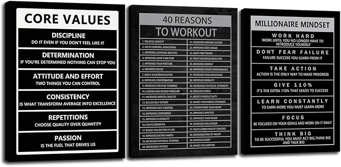 Inspirational Canvas Wall Art Millionaire Mindset Motivational Painting Core Values Inspiring Quotes Modern 40 Reasons to Workout Posters Prints Artwork Decor for Home Office Framed[36" W X 16" H]