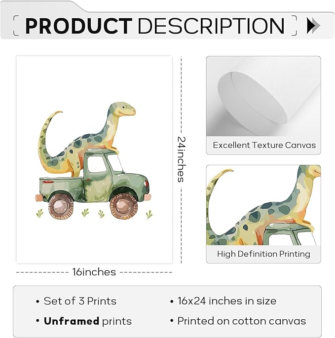 Dinosaur Nursery Wall Art Kids Canvas Poster Baby Boy Nursery Wall Decor Green Dino Pictures Toddler Prints Cartoon Dino Car Painting Boys Room Artwork for Bedroom Bathroom 16x24x3 Inch Unframed