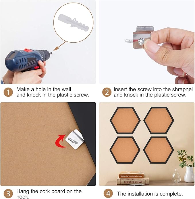 AkTop Cork Bulletin Board Hexagon 4 Pack, Small Framed Corkboard Tiles for Wall, Thick Decorative Display Boards for Home Office Decor, School Message Board with 16 Push Pin Wood Clips, Black