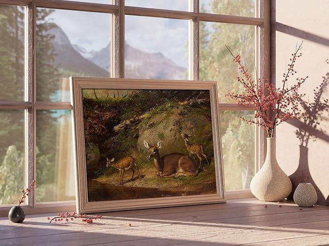 Kizbok Vintage Wall Art Decor Retro Deer and Fawn Canvas Prints Farmhouse Wall Decor Rustic Country Landscape Vintage Art Pictures for Nursery Bedroom Bathroom Office Decor(12" x 16"-UNFRAMED)