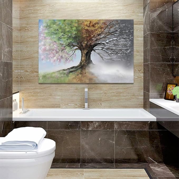 yerretin Tree of Life Wall Art Colorful Country Trees Pictures Wall Decor Rustic Four Season Canvas Painting Modern Artwork Home Decorations for Bathroom Living Room Bedroom Office Framed 24"x16"