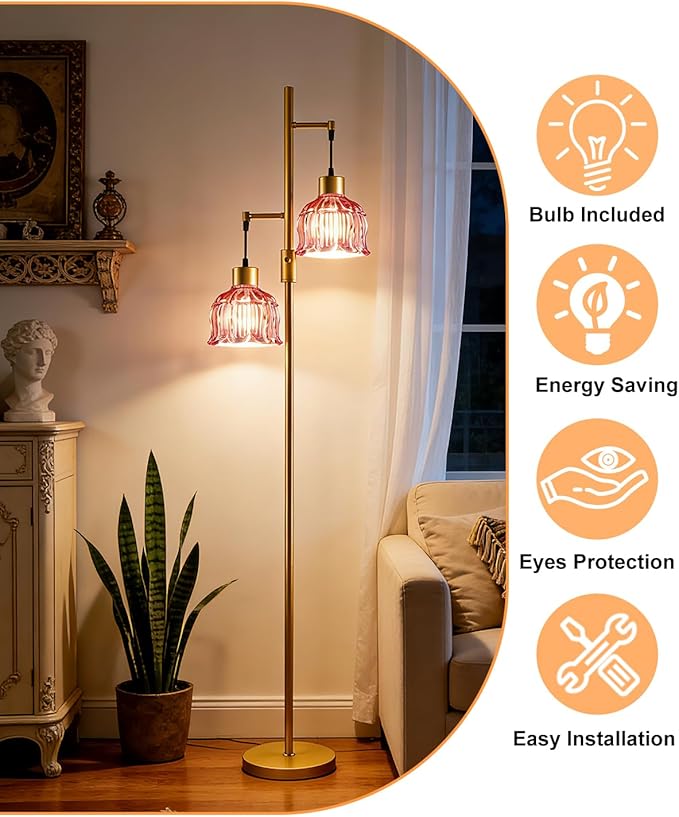 Lightdot 2-Light Gold Flower Floor Lamp, 65IN Rose Red Glass Floor Lamp with 3000K Warm White Bulbs, Modern Standing Tall Lamp for Living Room Bedroom Home Office Corner Sofa Beside