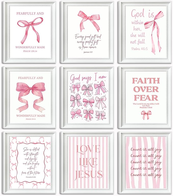 Pink Bow Jesus Bible Canvas Wall Art Set of 9, Coquette Trendy Preppy Aesthetic Girl Posters Prints Wall Decor, Christian scripture Lovers Gifts for Home Decor Living Room Bedroom 8x10In Unframed