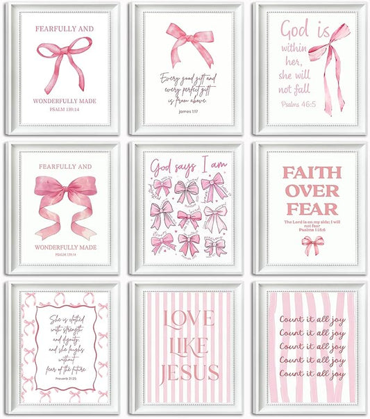 Pink Bow Jesus Bible Canvas Wall Art Set of 9, Coquette Trendy Preppy Aesthetic Girl Posters Prints Wall Decor, Christian scripture Lovers Gifts for Home Decor Living Room Bedroom 8x10In Unframed