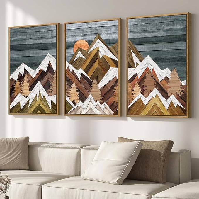 BINCUE Large Rustic Mountain Canvas Wall Picture,Boho Mountain Framed Wall Art,Vintage Landscape Artwork Nature Woodcut,Beige Sunrise Forest Art Prints for Office Living Room Bedroom 16''x24'' Set of 3