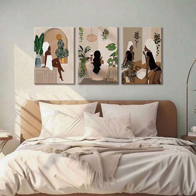 TUEASKY 3 Piece Canvas Wall Art Black Girl Wall Art Black Woman Paintings Prints Boho Pictures Wall Decor for Bathroom