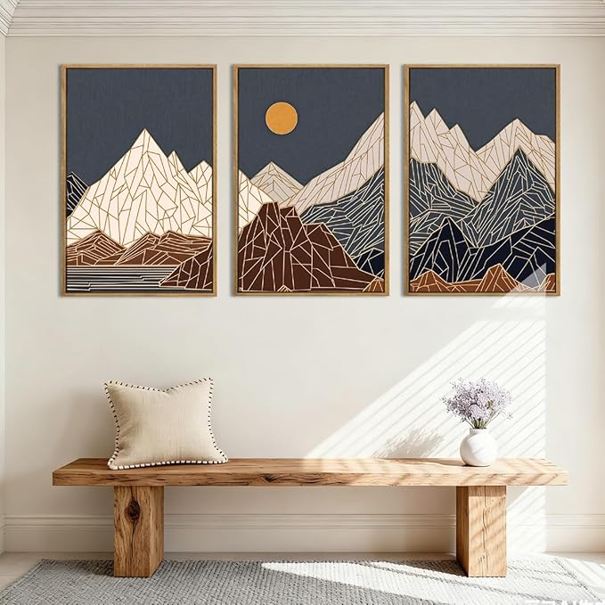 ANHUIB Farmhouse Mountain Wall Art Geometric Mountain Range Wood Wall Decor for Living Room Bedroom Office 16x24 Inch Set of 3