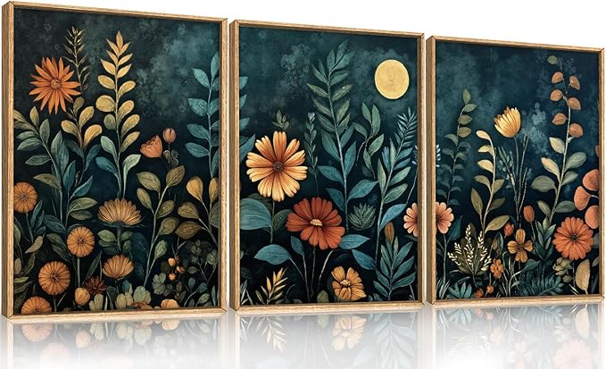 Vintage Botanical Framed Canvas Wall Art Set, Dark Floral Wall Decor, Nature Wildflower Wall Painting, Colorful Blossom Art Prints for Living Room, Bedroom, Office - 12"X16"X3