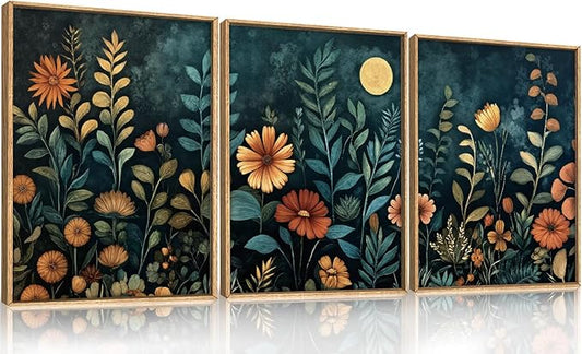 Vintage Botanical Framed Canvas Wall Art Set, Dark Floral Wall Decor, Nature Wildflower Wall Painting, Colorful Blossom Art Prints for Living Room, Bedroom, Office - 12"X16"X3
