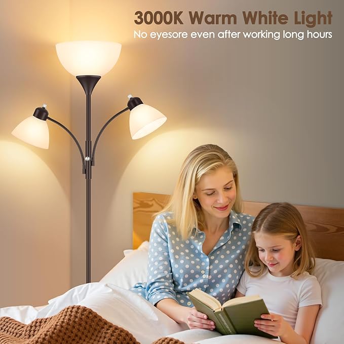 Floor Lamp for Living Room,72" Dimmable Torchiere Lamp with 2 Reading Lights for Bedroom, Brown Tall Standing Room Lamp, 3 Bulbs Included