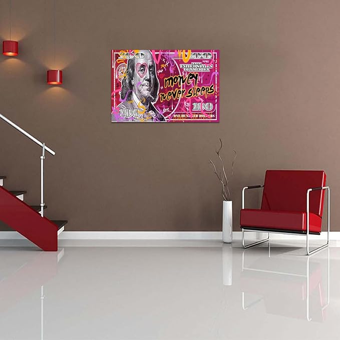 100 Dollar Bill Wall Art Canvas Print and Graffiti Poster Inspirational People Cash Benjamin Franklin Art Modern Home Decoraction, Stretched & Framed 24"W x 36"H