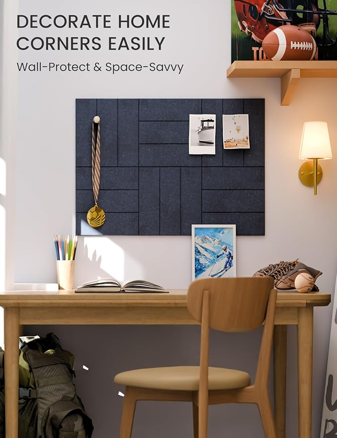 Fluxynara Felt Bulletin Board Tiles -28"x18" with 40 Adhesive Tabs, Cork Board Alternative for Office Decor, Push Pin Board Wall Organizer 6-Pack(Navy Blue)