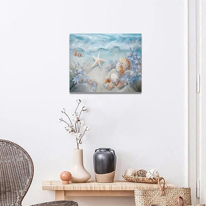 yerretin Beach Seashell Bathroom Wall Art Coastal Starfish Pictures Wall Decor Modern Home Canvas Painting Decorations Artwork for Living Room Bedroom Office Framed, 20"x16"