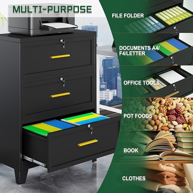 3 Drawer File Cabinet with Lock, Metal Lateral File Cabinets for Home Office, Steel Wide Filing Organization Storage Cabinets, Home Office Furniture for Hanging Files Letter/Legal/F4/A4 Size
