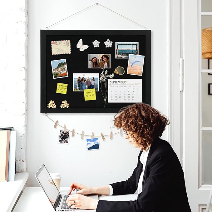 Double-Sided Black Cork Board with Linen, 30" x 20" Hanging Wood Framed Large Bulletin Board, Picture Display Vision Board Kit Corkboards for Wall Room School Office Decor, 20 Pushpins