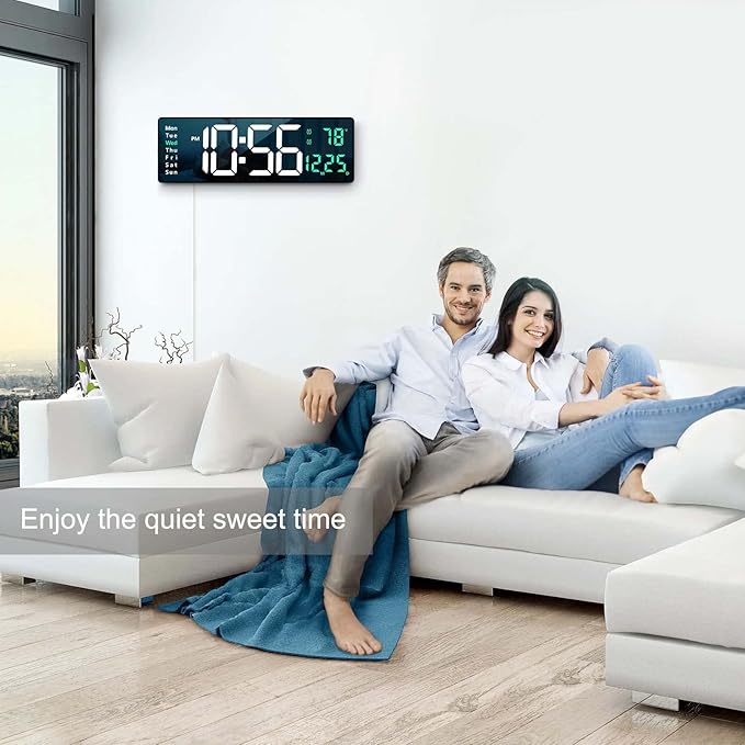 Digital Wall Clock Large Display, 16" with Remote Control for Living Room Gym Shop Warehouse Office Garage Decor, Auto Brightness Dimmer Reloj De Pared with Date Week Temp (Green)