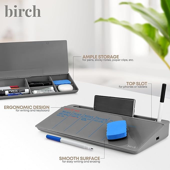 Birch Small Desktop Whiteboard – Glass Dry Erase Board Desk Pad Keyboard Stand with Storage Compartment, Adjustable Dividers, 3 Markers, Eraser & Holder – Perfect for Office, Home, & School (Charcoal)
