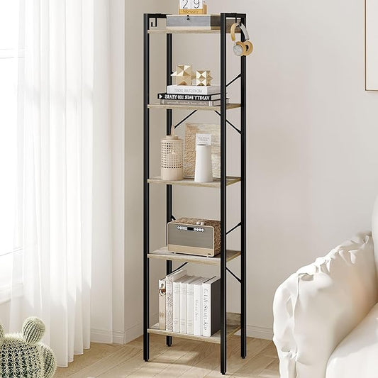 Bookshelf, Book Shelf, Industrial Bookcase with 2 Hooks, Coner Shelf Storage Organizer for Home Office, Living Room, Bedroom, Kitchen, 5-Tier Greige BC10505B