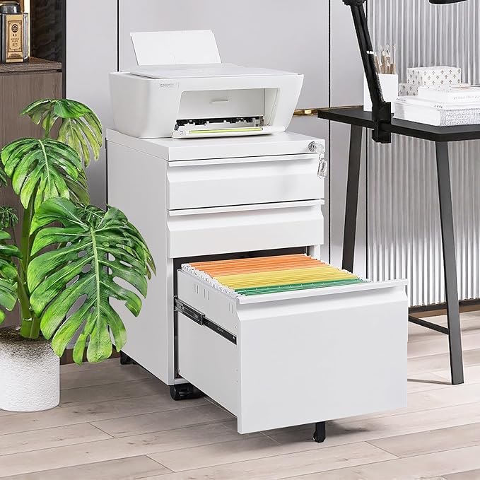 SoarFlash 3 Drawer File Cabinet with Lock Rolling Metal Filing Cabinet for Home Office, Under Desk Mobile File Cabinet with Wheels, White