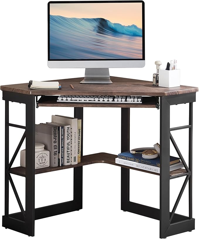 VECELO Corner Computer Desk 41 x 30 inches with Smooth Keyboard & Storage Shelves for Home Office Workstation,Rustic Brown