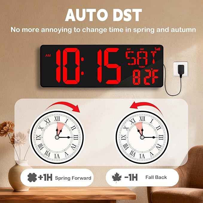Digital Wall Clock Large Display: 16.5" LED Digital Clock with Remote Control Temperature Date Week Auto DST Adjustable Brightness, Big Wall Clock for Bedreeom Kitchen Living Room Office Gym