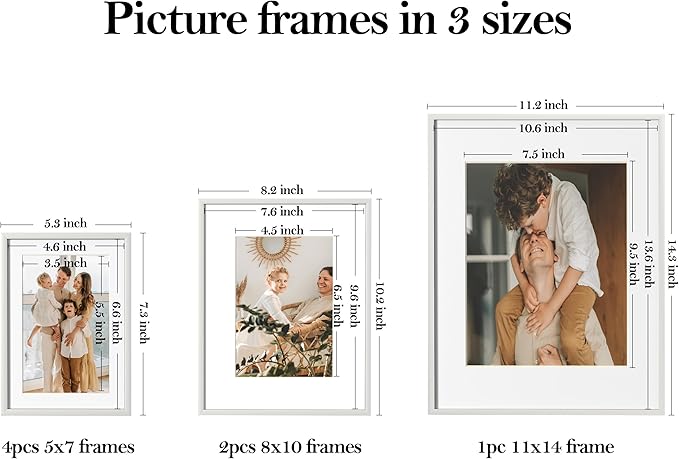 eletecpro Aluminum Gallery Wall Frame Set of 7, Including 1Pc 11x14, 2Pcs 8x10, 4Pcs 5x7 Photo Frames for Wall or Tabletop Display, Multiple Sizes Picture Frames Collage Wall Decor, Silver