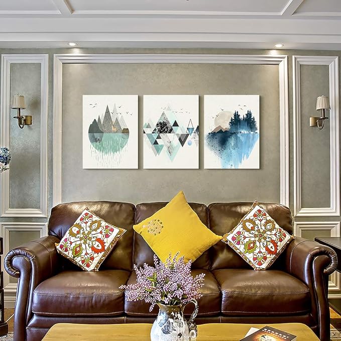 Abstract Geometry Mountain Canvas Art Paintings for Living Room, Family Bedroom, Office Decoration - Large Wall Decor Pictures, 16x24 Inch/3 Piece Set