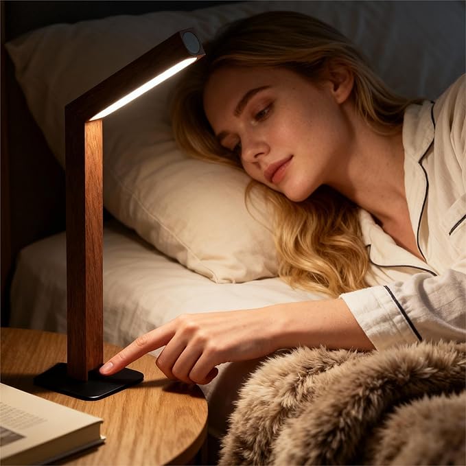 Wooden Desk Light ，Dimmable Desk Lamp for Home Office with USB Wireless Charging Port ，Touch Control RotatableDesk Adjustable Night Light(Sapele Wood)