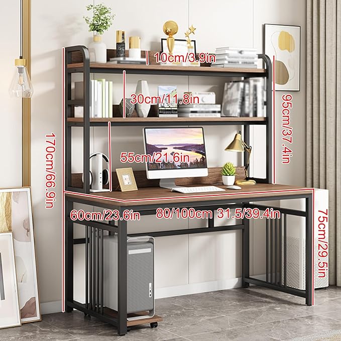 Computer Desk with Storage Shelf, Executive Office Desk, Small Study Deskm, Sturdy Writing Workstation Gaming Table, for Home Study(Brown,80x60cm/31.5x23.6in)