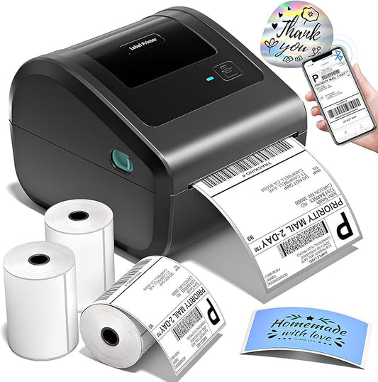 Bluetooth Shipping Label Printer with 3 Roll Labels, D450BT Thermal Label Printer 4x6 for Small Business, Thermal Printers Come with 750PCS 4x6‬ White Labels (250 Labels/Roll)