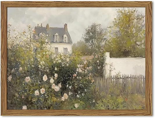 Framed Vintage Wall Art, Cottage Rose Garden Landscape Pictures Wall Decor Paintings, Rustic Spring Farmhouse Canvas Prints Aesthetic Home Decor for Living Room Bedroom Bathroom 16x24 inch