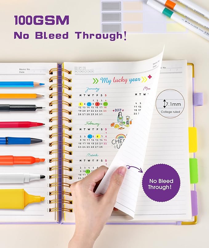 Hardcover Spiral Notebook 8.5"x11" Journal with Removable Dividers Tabs, 300 Pages Leather 5 Subject Notebook College Ruled, Large A4 Notebooks for Work School, Lined Journal for Women, A4 Purple