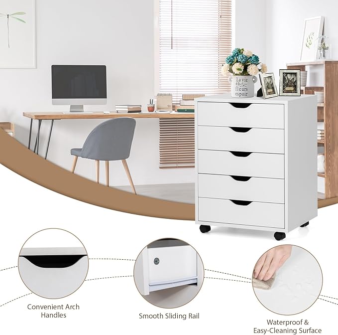 5 Drawers File Storage Cabinet, 26.5" Vertical Filling Cabinet for Home Office, Under Desk Office Drawer Organizer, Universal & Lockable Casters, Rolling Printer Storage Rack (White)