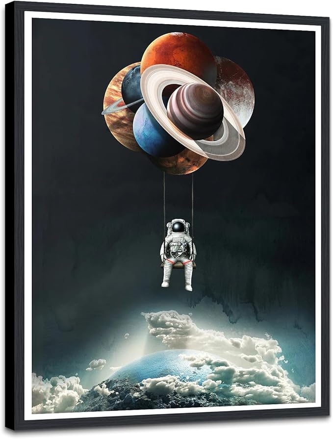 Space Framed Canvas Print Wall Art, Astronaut with Floating Planet, Galaxy Canvas Print, Modern Game Room Decor, Boys Room Decoration Ready to Hang, 12.5x16.5 Inches