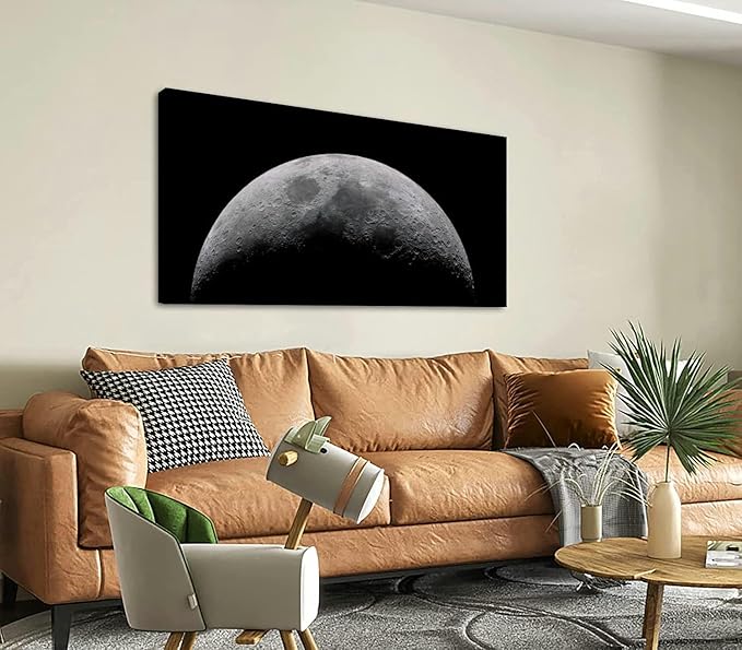 Canvas Wall Art for Living Room Bedroom Waxing moon a night sky stars Amazing view the tiny moon surface Big Large Wall Art Decor Framed Painting Wall Pictures Prints Artwork Office