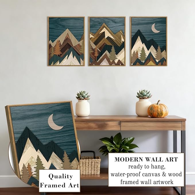 BINCUE Boho Mountain Wall Art Framed,Large Landscape Wall Decor Canvas,Modern Nature Artwork Forest,Abstract Blue Mountain Art Prints Wood for Home Bedroom Living Room Office 12" Lx16''W Set of 3