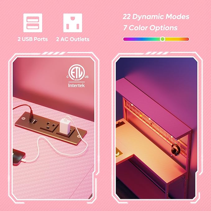 Bestier Gaming Desk 51" L-Shaped, with Power Outlets & LED Lights- 4 Tier Shelves, Reversible Gamer Table with Hooks & Cup Holder for Home Office Carbon Fiber Pink