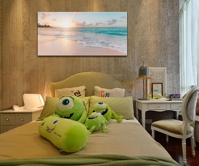 OKEXCKK Beach Large Canvas Wall Art Picture for Living Room - Sunset Ocean Nature Painting Print Decor Coastal Wall Decor Seascape Artwork Poster for Bedroom Decoration - 24"x48"