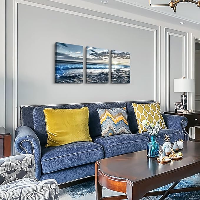 Canvas Wall Art for Living Room & Bedroom - Blue Beach Wall Pictures - Sun & Ocean Paintings - Office Wall Decoration - Seascape Poster Art Prints - Large Size - 20" X 28" - 3 Piece