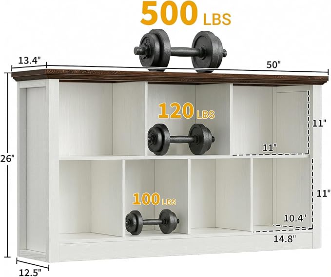 Unikito 7 Cube Storage Book Shelf - 50" Wide Wood Cube Storage Organizer, Wooden 2 Tiers Floor Standing Low Bookcase for Living Room, Bedroom, Home Office, Kids Room